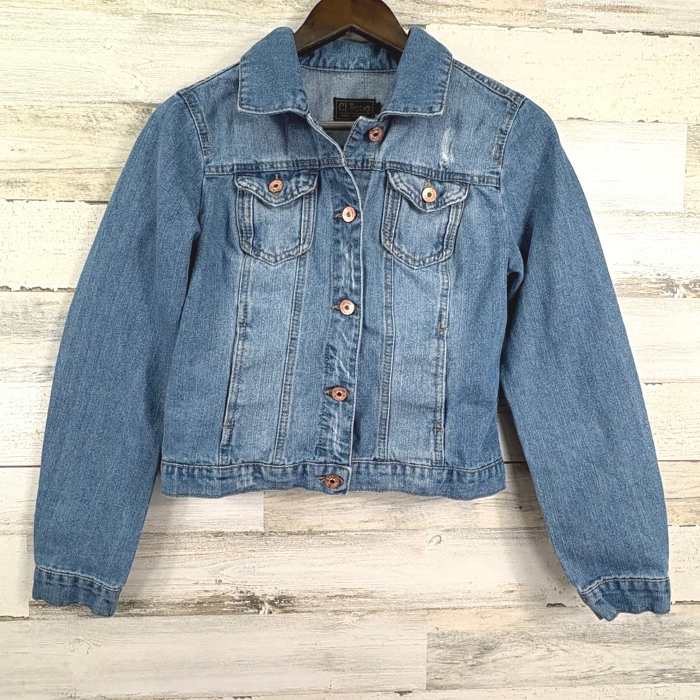Ci‎ Sono Denim Jean Jacket Distressed Blue Cotton Blend Cropped Womens Size S